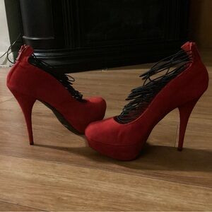 Red Hot Sexy Suede Platform Stiletto Heels With cord detail vamp.Euro 40, US 10